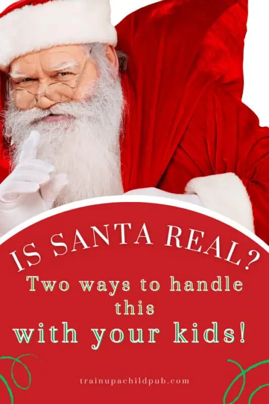 Picture of a man in a Santa costume with his finger up to his face, like he is suggesting not to tell your kids that he isn't "real." 