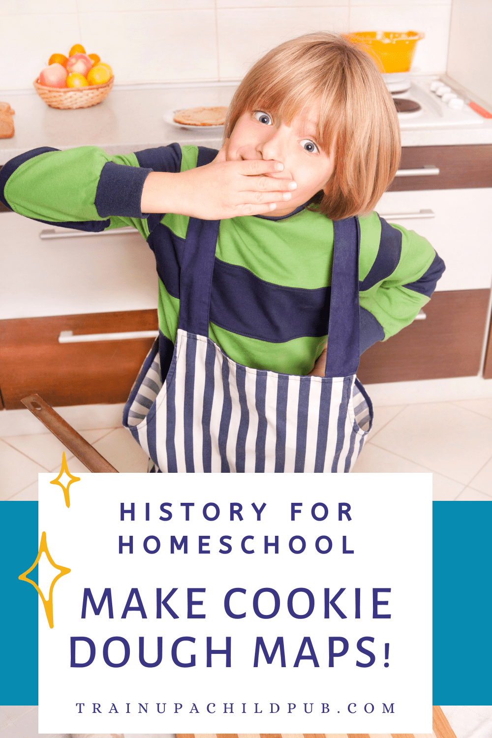 homeschool boy with apron excited about making a cookie dough map