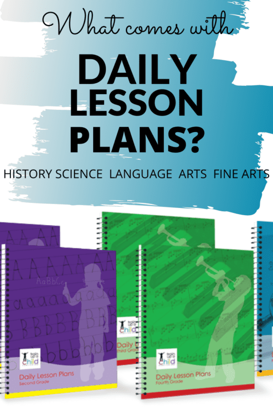 Graphic for title "What comes with Daily Lesson Plans? History, Science, Language Arts, and Fine Arts, with spiral bound covers pictured for first through fourth grades and middle school.