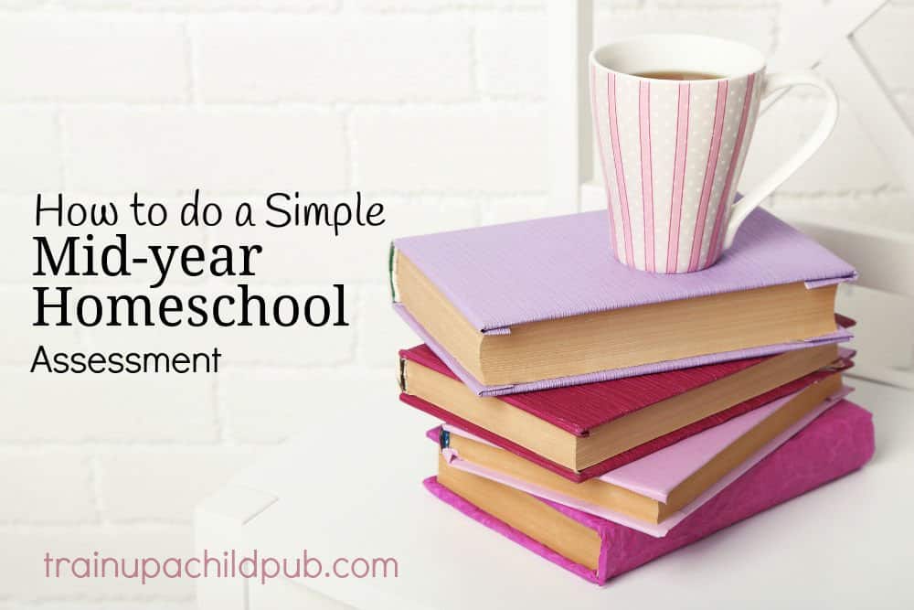 mid-year homeschool assessement graphic with books