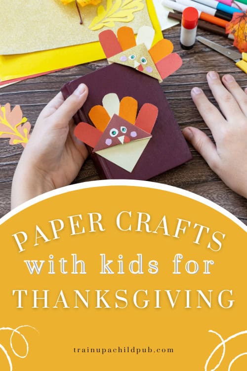 A homeschooling mom is making Thanksgiving paper crafts with her children.