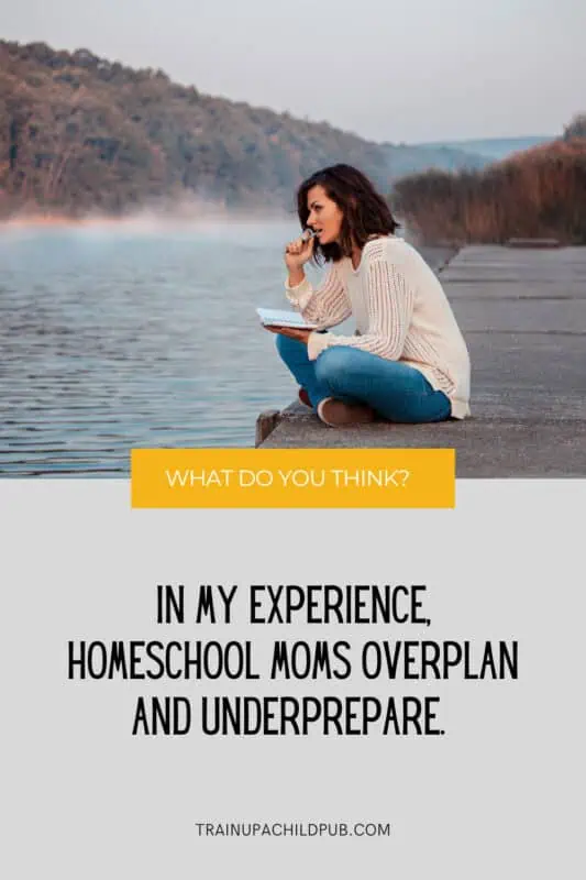 Homeschool mom planning her homeschooling with a journal, sitting on a dock of a beautiful lake.